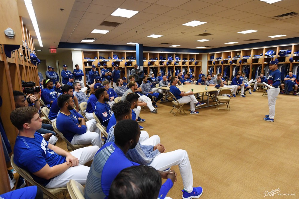 Photo of Dodgers meeting in the Locker Room at Camelback Ranch, with Credit to Jon SooHoo/LA Dodgers